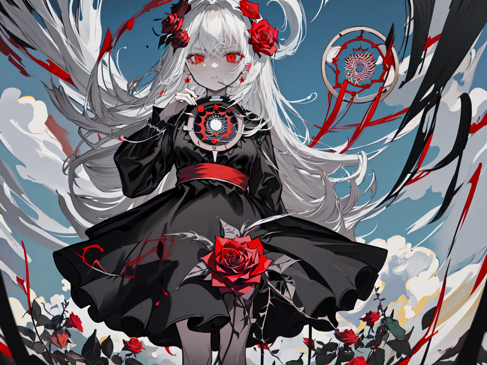 (best quality, masterpiece), (1girl, solo, black dress, standing , looking at viewer, white hair, red eyes, holding rose, closed mouth, upper body), (red dreamcatcher behind, red flower, )