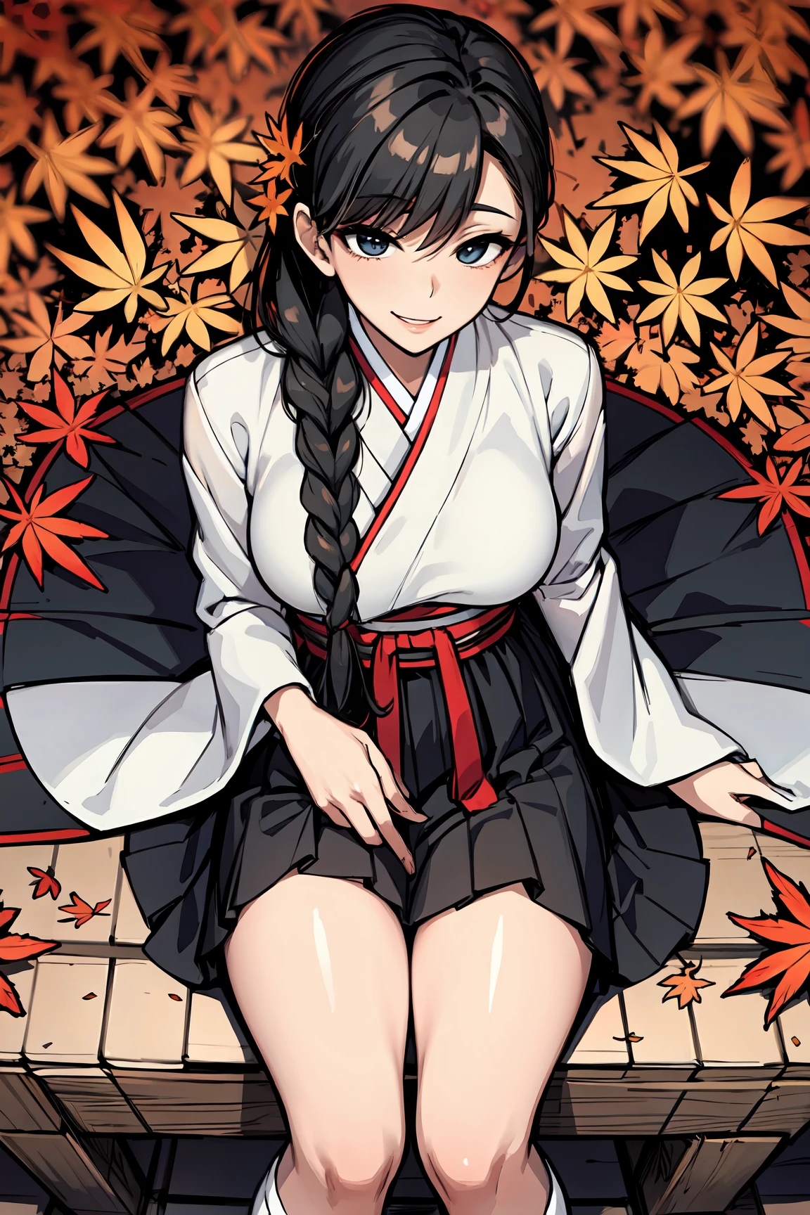 (masterpiece:1.2), 1milf, solo, smile, black hair, braid, white hanbok, korean_clothes, wide-fitting skirt, day, maple tree, fallen leaves <lora:Hanbok_LoRA_V2:0.6>, (diagonal viwe, Top View:1.3), standing, sit,