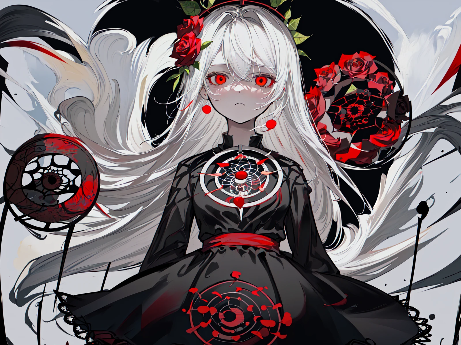 (best quality, masterpiece), (1girl, solo, black dress, standing , looking at viewer, white hair, red eyes, holding rose, closed mouth, upper body), (red dreamcatcher behind, red flower, )