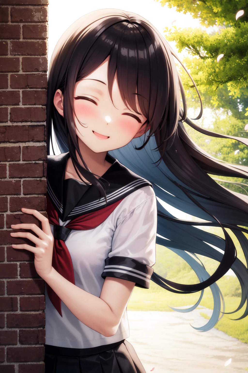 masterpiece, best quality, highres, 1girl smile closed eyes, very long hair, wind blowing, serafuku, peeking out upper body <lora:peeking_out_upper_body_pruned:1> outdoors, brick wall, backlighting, petals, flowers, leaves