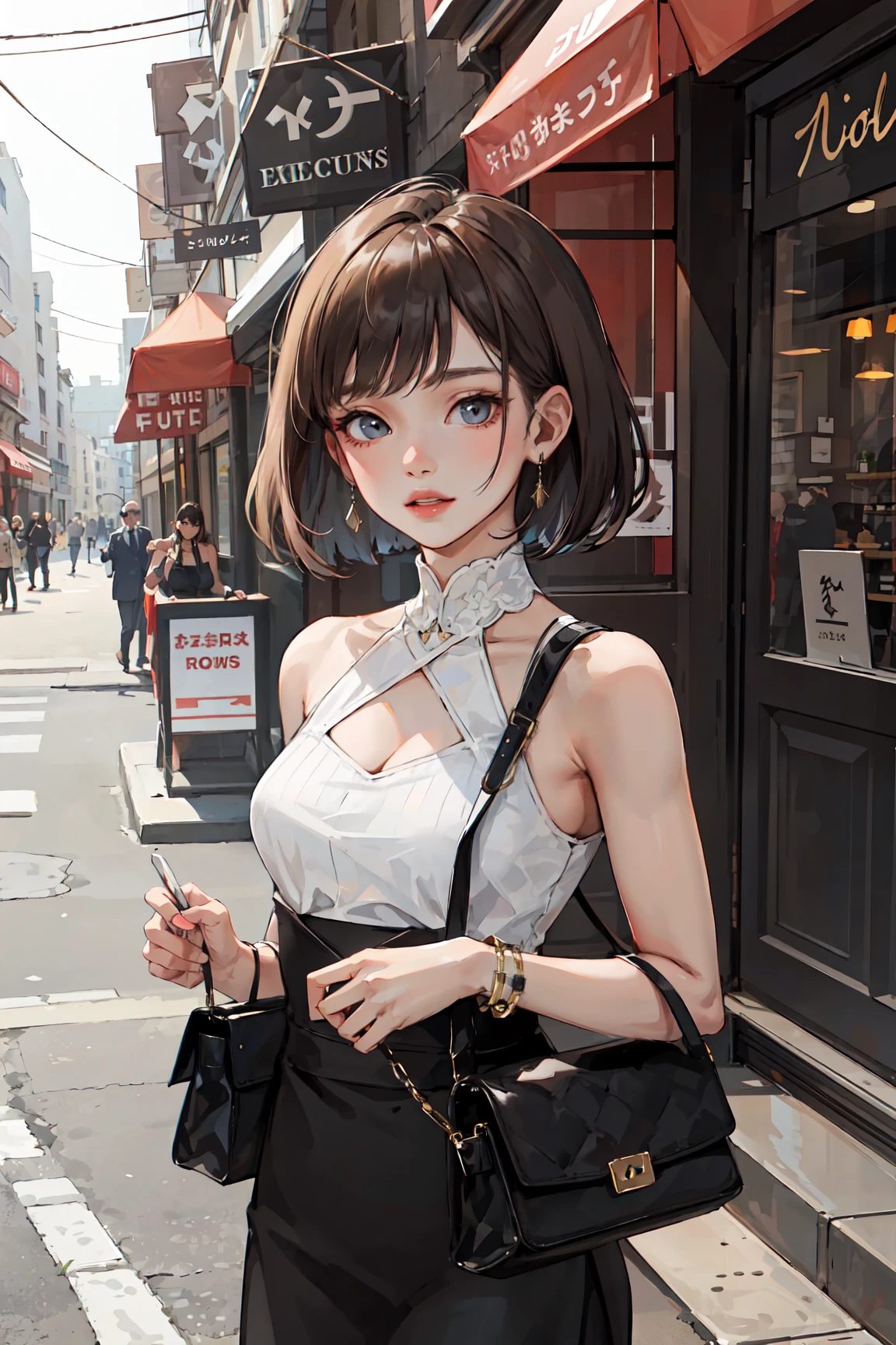 (masterpiece:1.2, best quality), 1lady, solo, upper body
Elegant and timeless dress with high-quality tailoring
makeup
Fashionable city street or an upscale restaurant
Classic handbag and jewelry
sleek bob