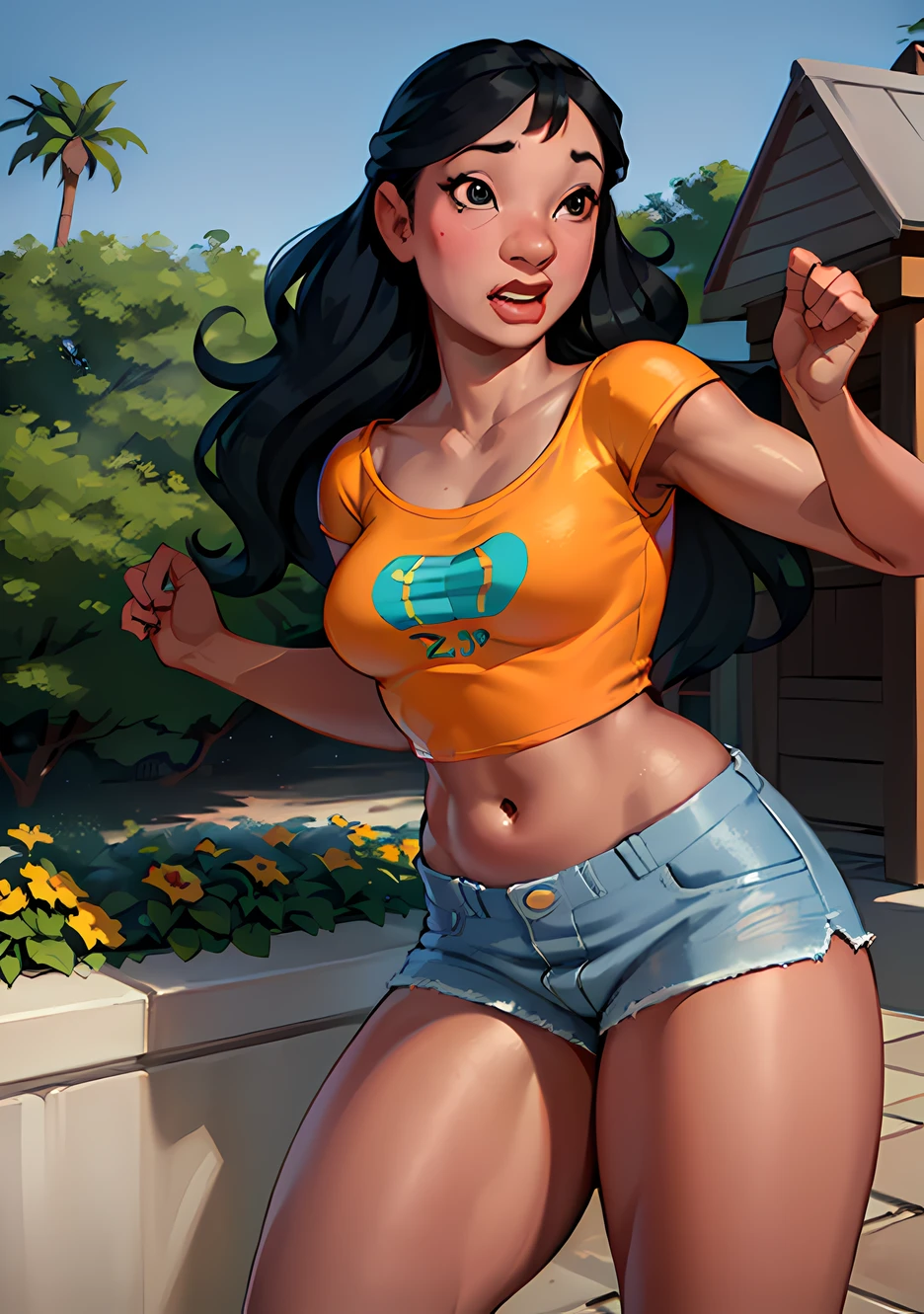 (NaniWaifu:1), surprised, cute, cute pose, looking at viewer, thick thighs, (crop top, shorts, convers:1.2), breast squeeze, 

(realistic:1.2), (realism), (masterpiece:1.2), (best quality), (ultra detailed), (8k, 4k, intricate),(full-body-shot:1),(Cowboy-shot:1.2), (85mm),light particles, lighting, (highly detailed:1.2),(detailed face:1.2), (gradients), sfw, colorful,(detailed eyes:1.2),

(detailed ladscape, house, garden, palm tree, woden house:1.2),(detailed background),detailed landscape, (dynamic angle:1.2), (dynamic pose:1.2), (rule of third_composition:1.3), (Line of action:1.2), wide shot, daylight, solo,

<lora:Nani_character-20:0.7>