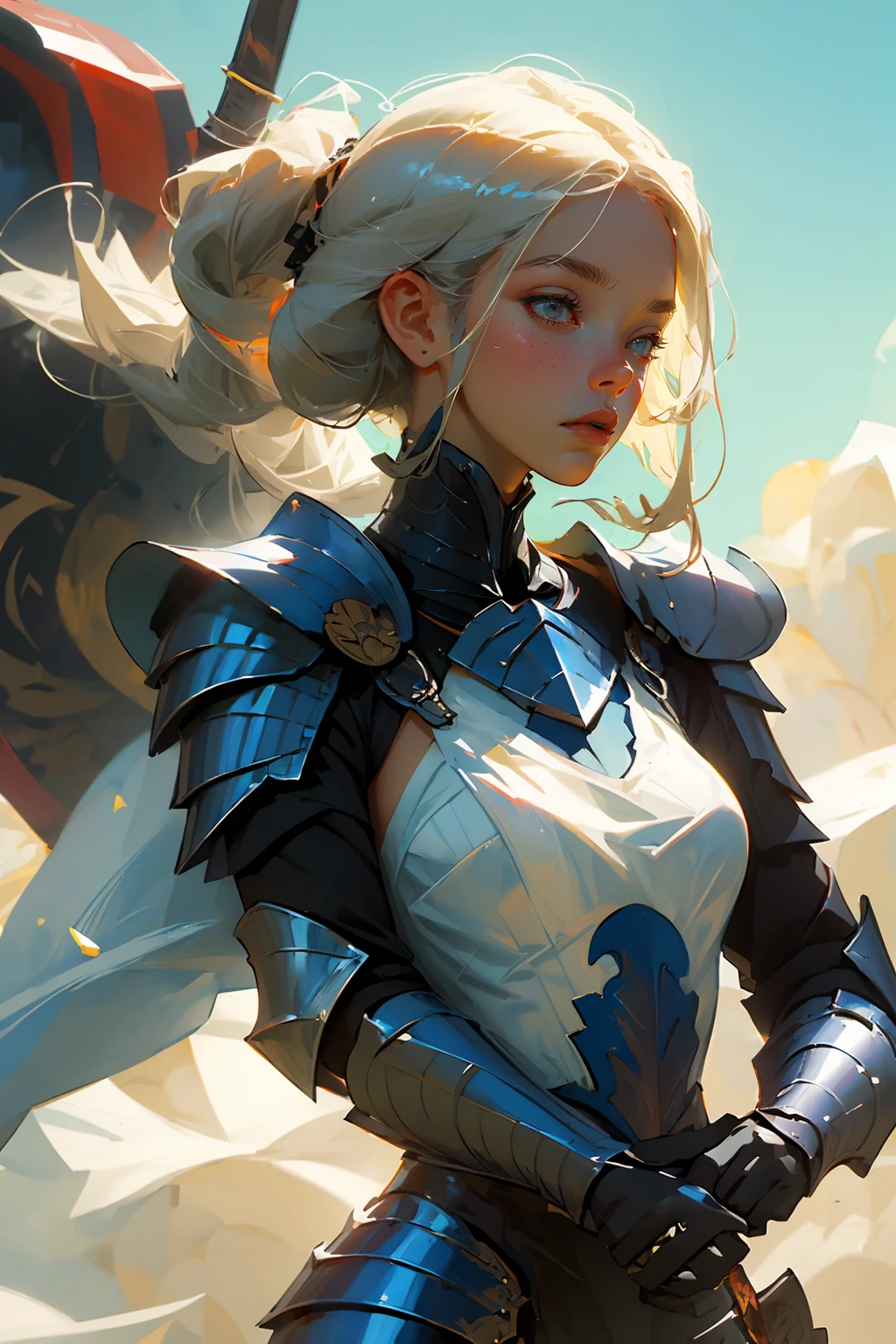 (best quality, masterpiece:1.3), 1girl, Warrior, sword, armor, upper body,