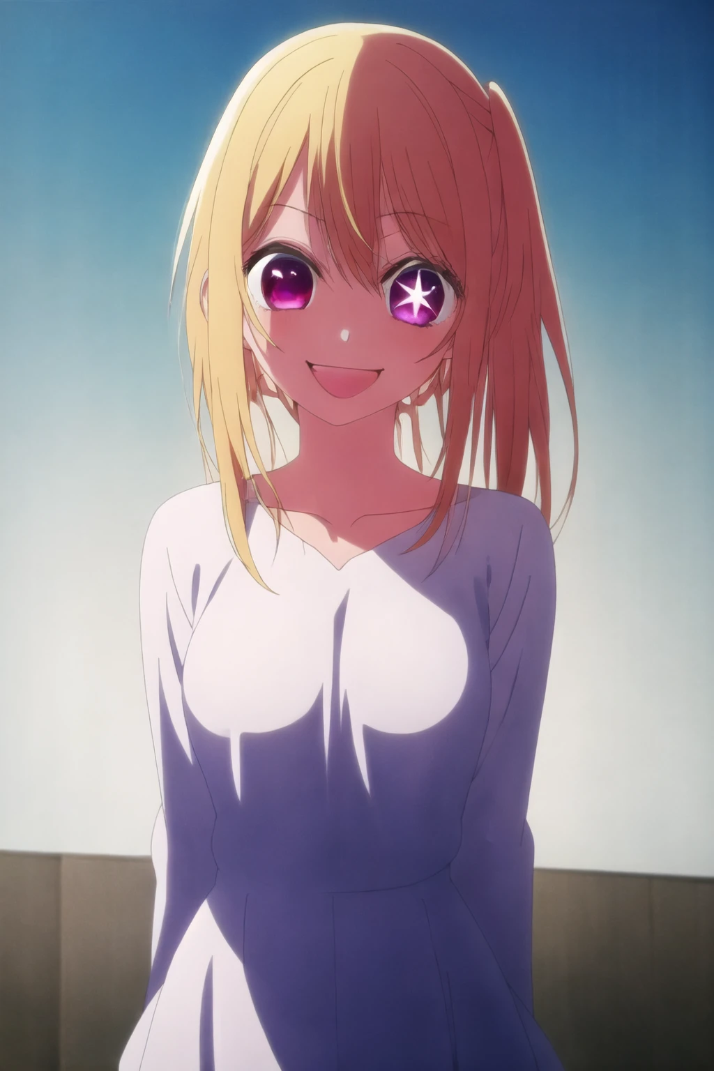 <lora:ruby_hoshino:0.8>, anime screencap, 1girl, blonde hair, side ponytail, ruby eyes, smile, upperbody, star on right eye