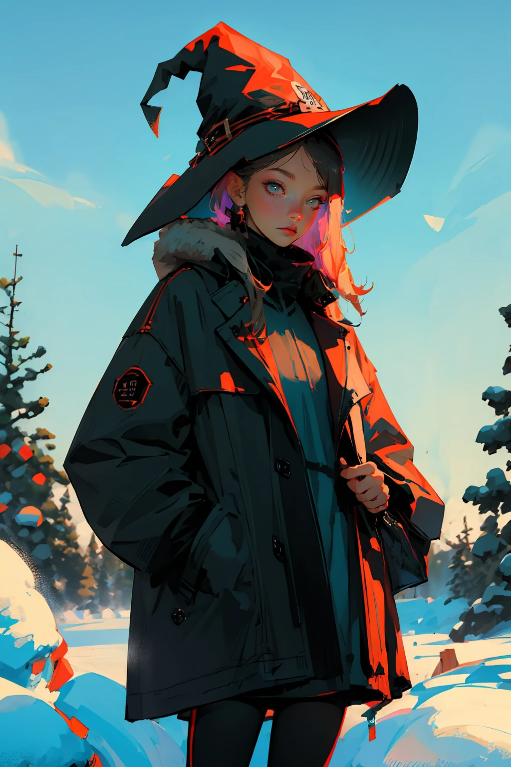 (best quality, masterpiece:1.3), 1girl, winter, coat, witch,