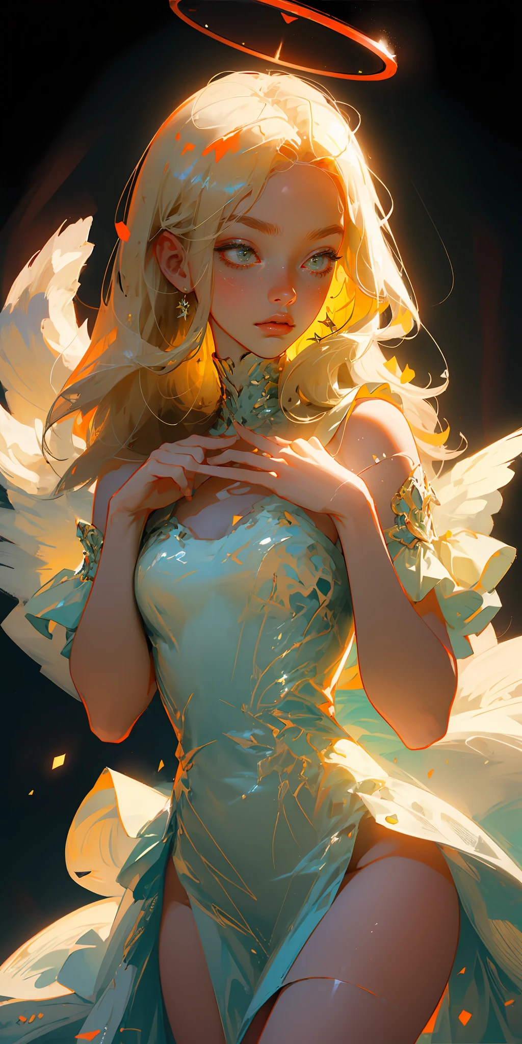 (best quality, masterpiece:1.3), 1girl, looking down, wind, particle, simple background, angel, halo, blonde, pose, negligee,