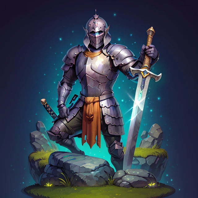 icon of stone statue of medieval knight, planted sword, rock, grass, cyan glow, dark background, gradient background, <lora:sxz-icons-v5:0.75>