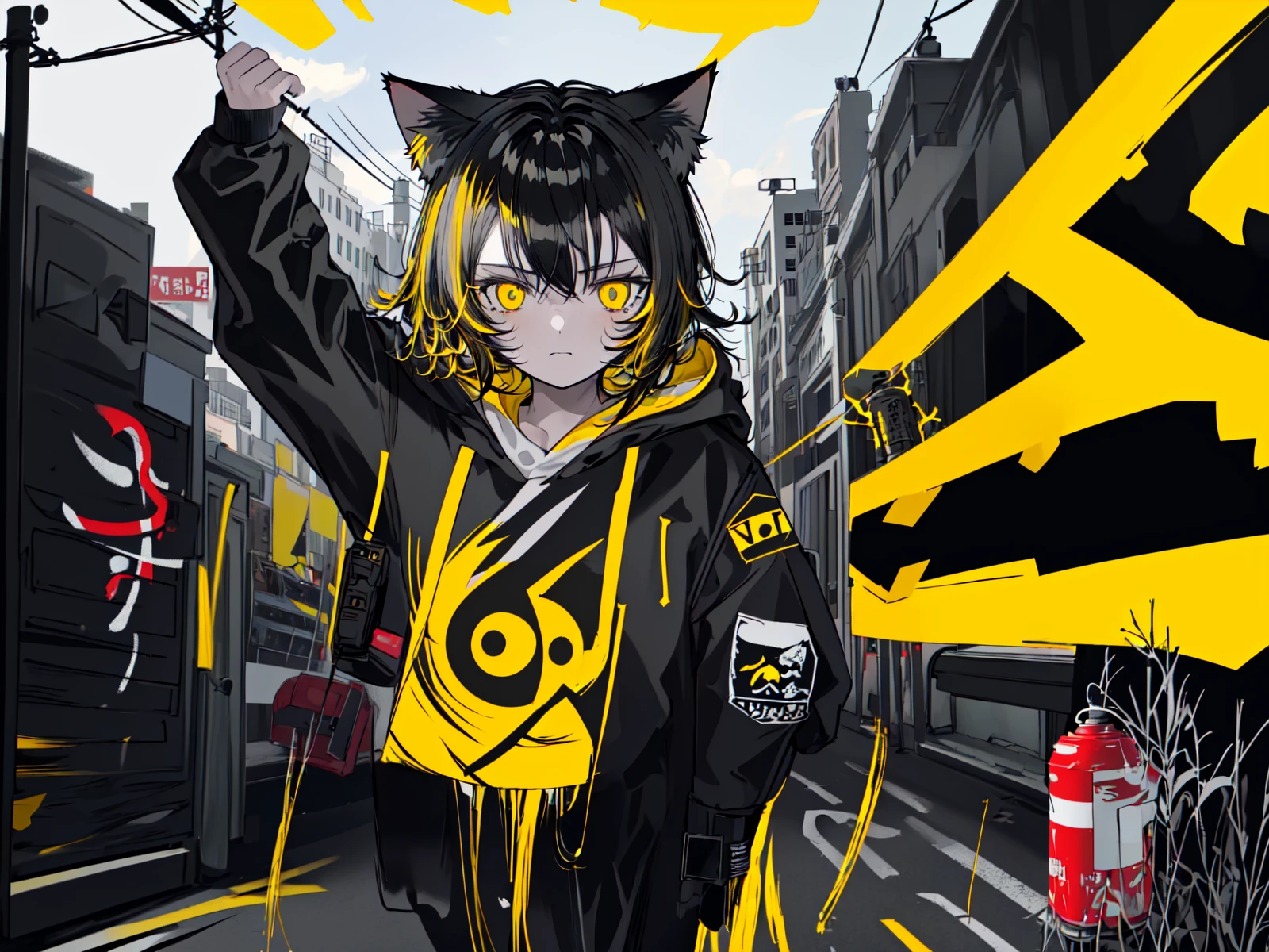 (best quality, masterpiece), (1girl, solo, cat ear black hood, standing, yellow eyes, black hair, leaning, upper body), (less light, black yellow room, Yellow graffiti behind, disorderly spray cans),