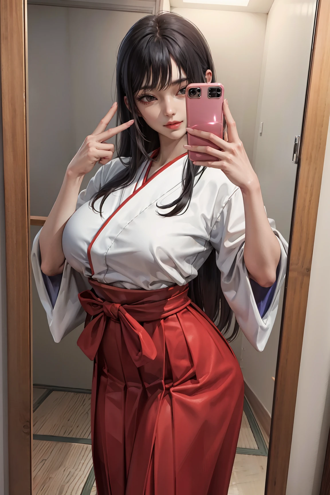 (masterpiece:1.2, best quality), 1lady, solo, long hair, big breasts, hakama, red skirt, Mirror selfie, (shiny skin:1.2)
