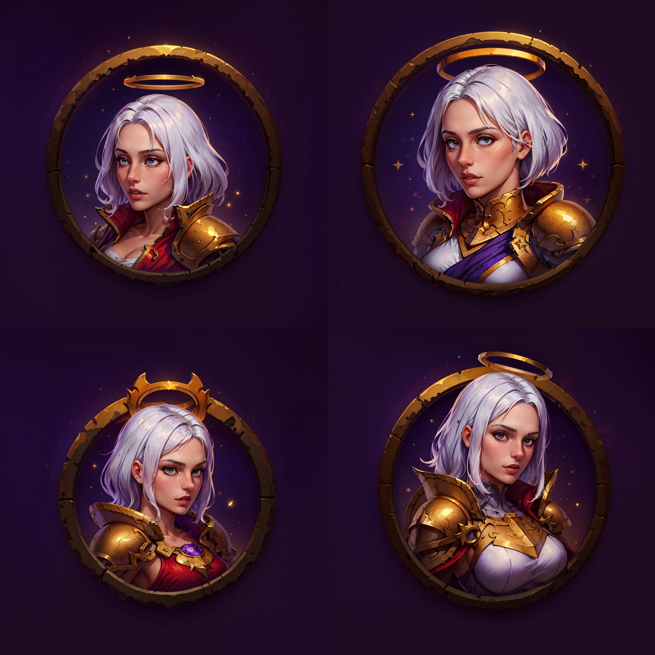 icon portrait of beautiful paladin girl in heavy armor, white hair, red cape, pauldrons, halo, golden glow, round frame, purple background <lora:sxz-icons-v5:0.7>