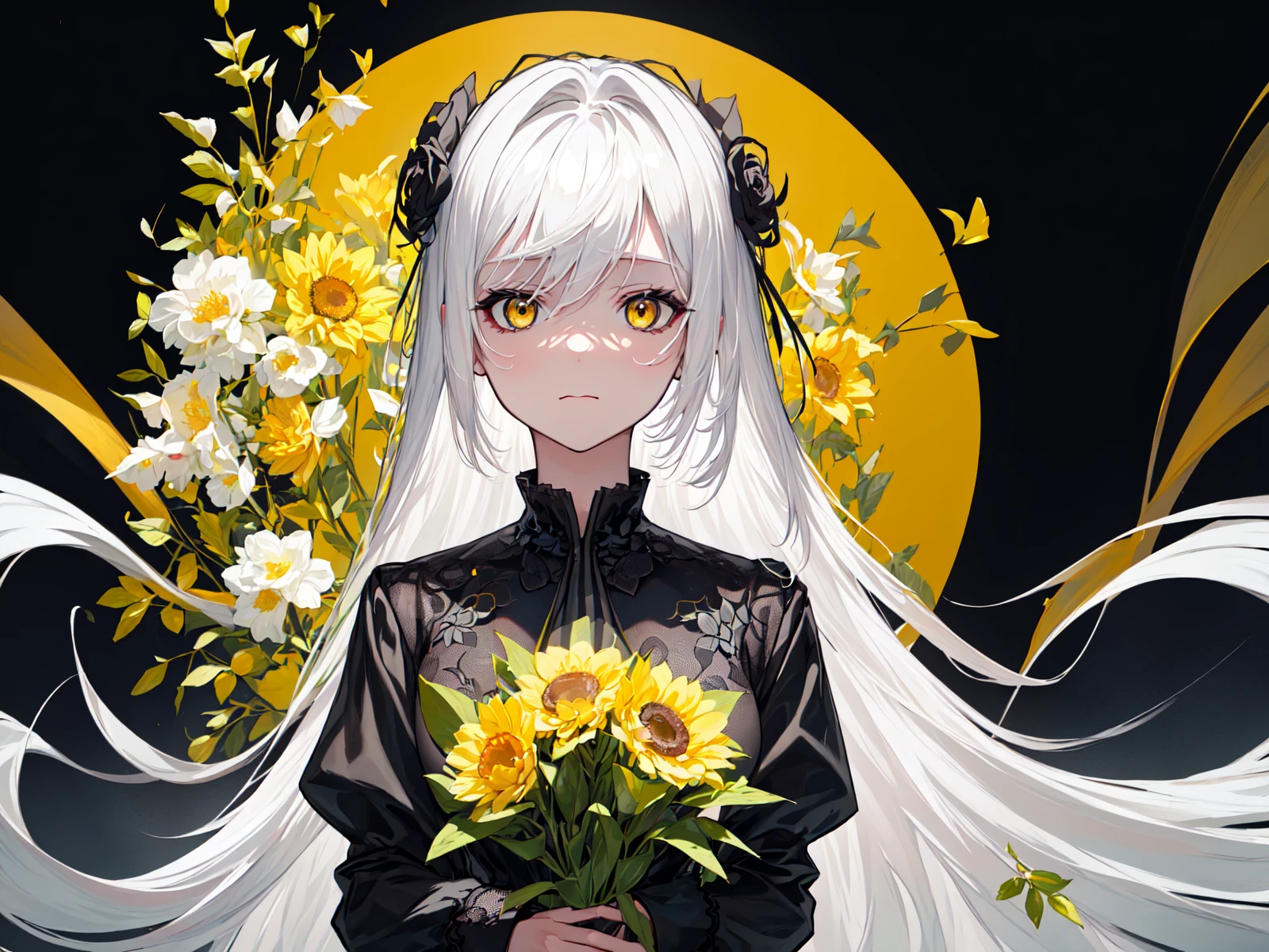 (best quality, masterpiece), (1girl, solo, black suit, standing , looking at viewer, white hair, yellow eyes, closed mouth, upper body), (giant black bouquet background, floral_background)