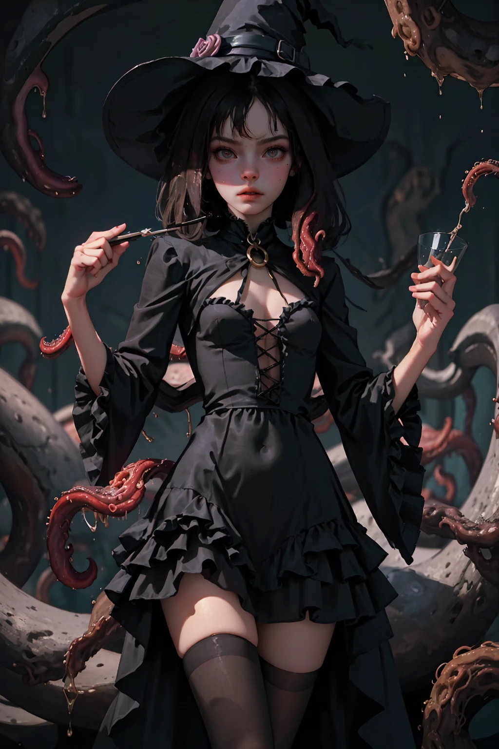 (best quality, masterpiece:1.3), 1girl, (Dark:1.2), witch, controls tentacles, makeup, standing, horns, devil, (Tentacle Dress:1.2), looking at viewer, witch hat, web, latex, angry, tentacle hair, alice in wonderland, in Witch House, frills, see-through,