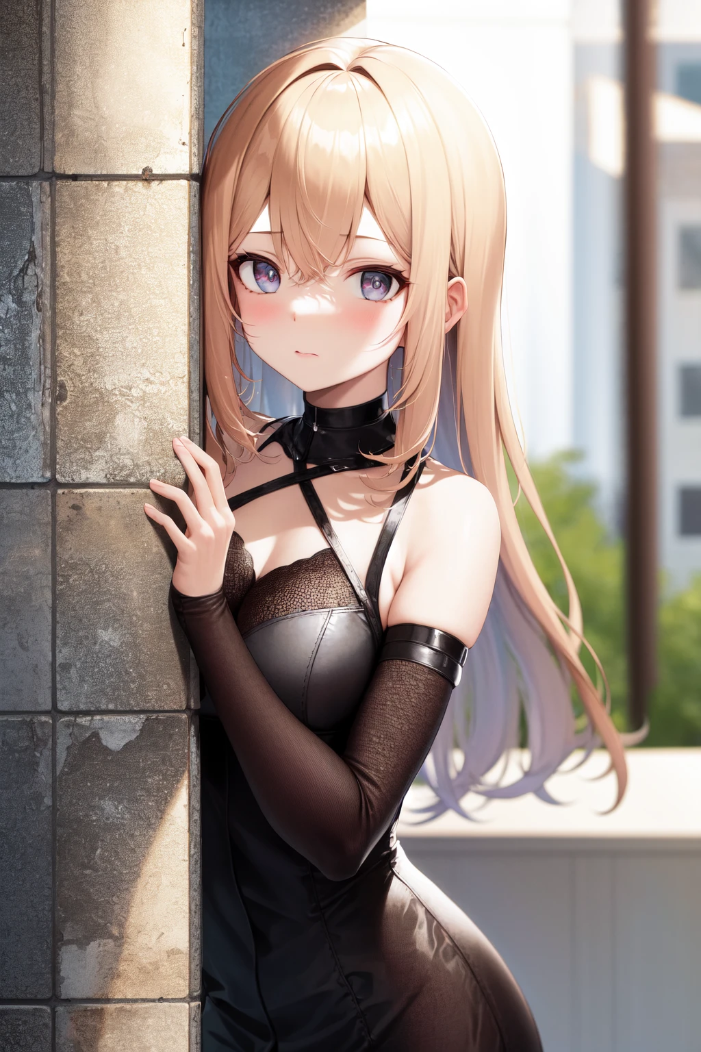 masterpiece, best quality, highres, 1girl, peeking out upper body <lora:peeking_out_upper_body_pruned:1> brick wall