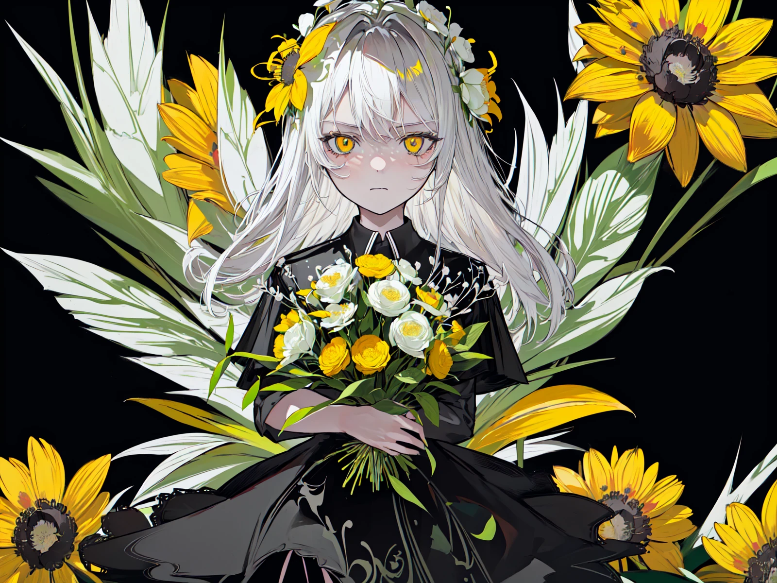 (best quality, masterpiece), (1girl, solo, black suit, standing , looking at viewer, white hair, yellow eyes, closed mouth, upper body), (giant black bouquet background, floral_background)