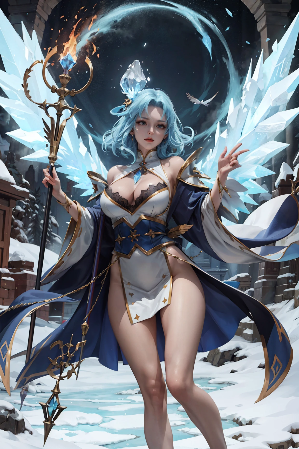 (masterpiece:1.2, best quality), 1lady, solo, big breasts, bare legs, (shiny skin:1.15)
Elemental mage, robe with a flame pattern, staff with a crystal of ice, earth talisman with a carving of stone, air feather with a gust of wind, sacred temple with a portal to the elemental plane