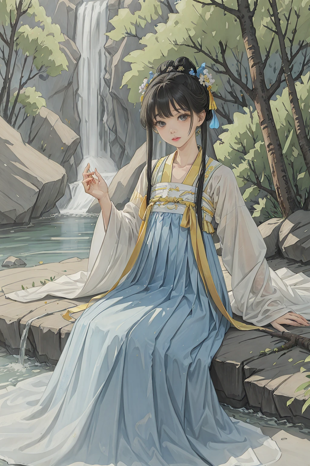 shukezouma,masterpiece, highres, best quality, professional lighting, photon mapping, radiosity, physically-based rendering,1girl solo, sitting,countless waterfalls flowing down from the mountains, pine trees and flowering trees,<lora:hanfutang_v30:0.5>,hanfu, tang style outfits, white long upper shan, blue with white pleated skirt,yellow waistband