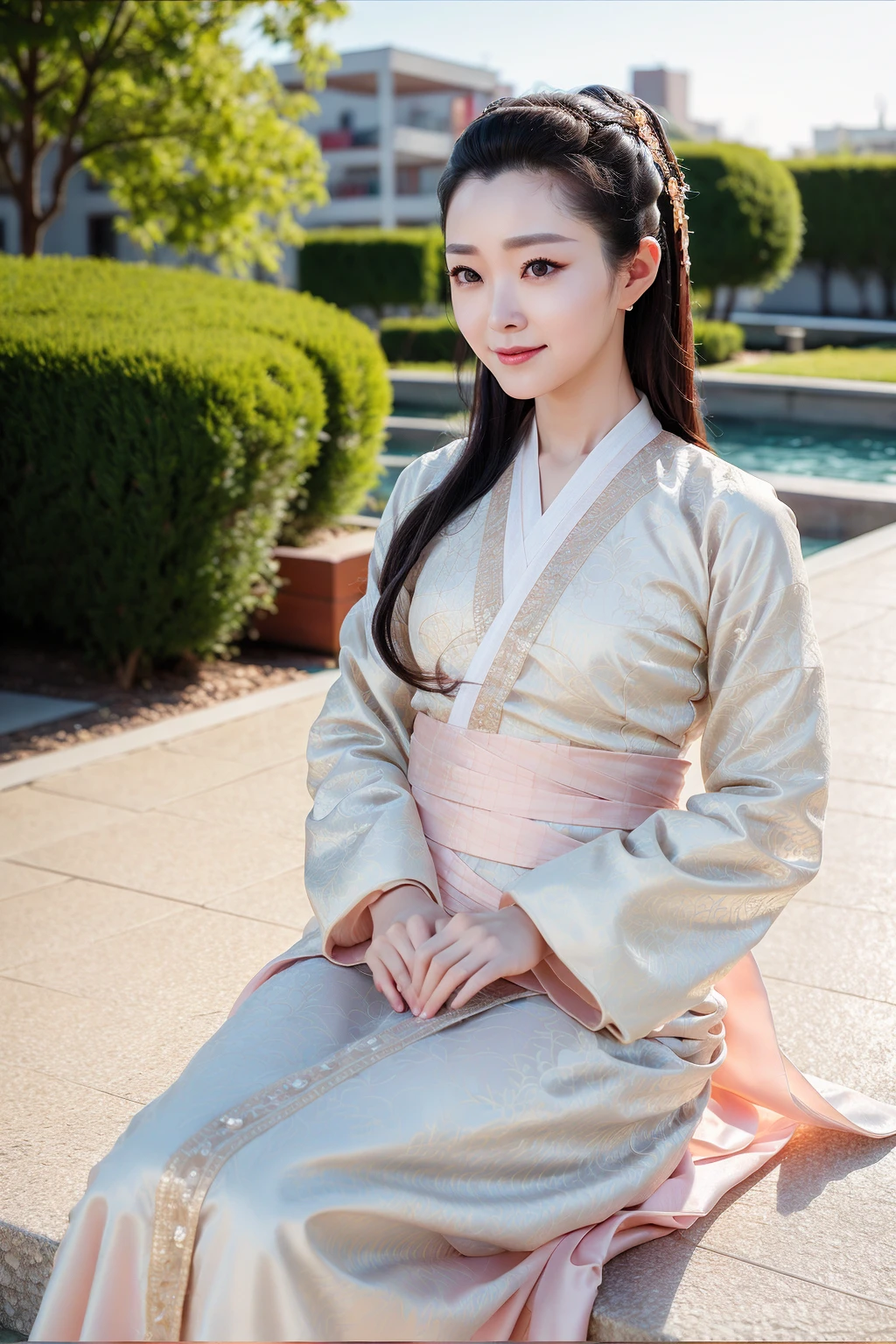 songyi, chineseidol, 1girl, solo, sitting on ground, hanfu, small fox ears, street, outdoors, smile,
detailed face, full body, 
masterpiece, best quality, (realistic, photo-realistic:1.3), (RAW photo:1.2), extremely detailed CG unity 8k wallpaper, an extremely delicate and beautiful, amazing, finely detail, official art, absurdres, incredibly absurdres, huge file size, ultra-detailed, extremely detailed, beautiful detailed girl, extremely detailed eyes and face, beautiful detailed eyes, dynamic angle, wide shot, cinematic lighting, moody lighting,