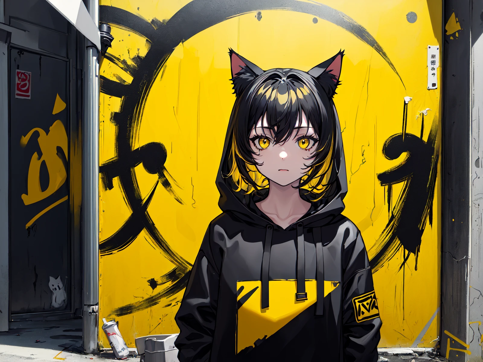 (best quality, masterpiece), (1girl, solo, cat ear black hood, standing, yellow eyes, black hair, leaning, upper body), (less light, black yellow room, Yellow graffiti behind, disorderly spray cans),
