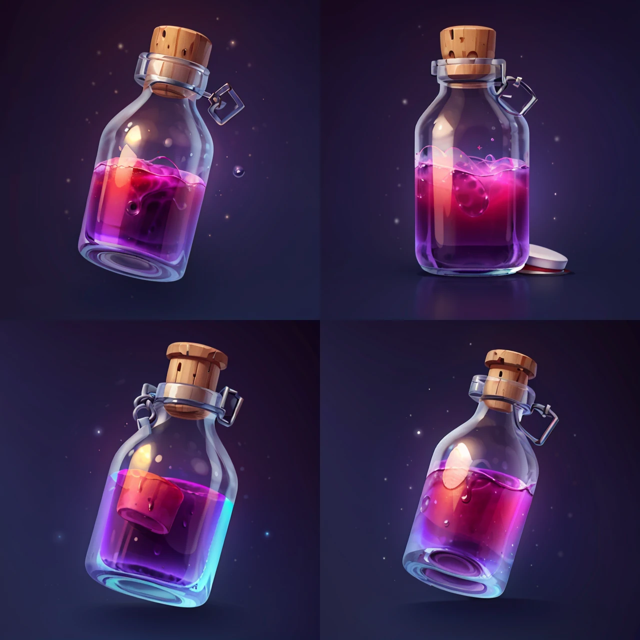icon of red potion in glass bottle, wooden cap, dark background, gradient background <lora:sxz-icons-v5:0.75>
