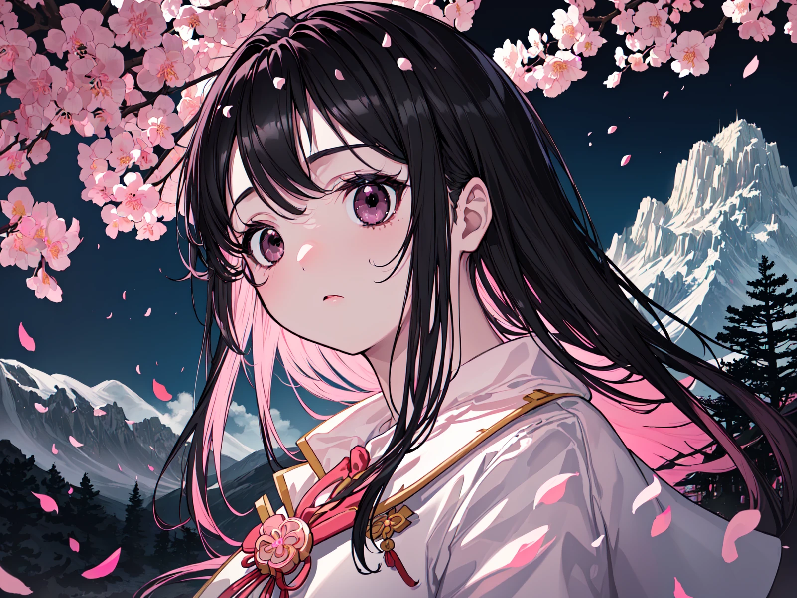 (best quality, masterpiece),(1girl, miko, coat, expression face, black eyes, looking at front ,black hair, walking, upper body), (night strray sky, huge old tree behind, falling glowing pink petals behind, shrine behind, mountain background, blowing wind, meteoric cloud)