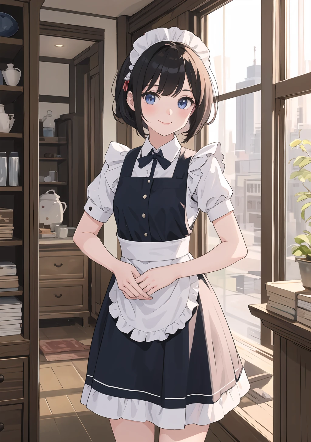 (masterpiece, best quality), 1girl, ite, maid uniform, cleaning, adorable smile