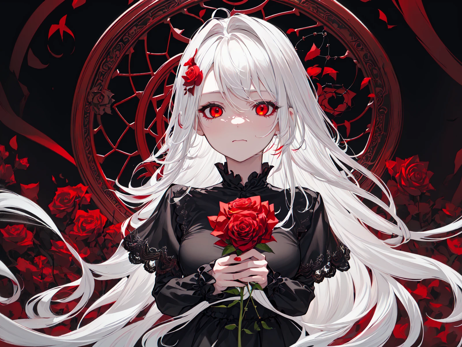 (best quality, masterpiece), (1girl, solo, black dress, standing , looking at viewer, white hair, red eyes, holding rose, closed mouth, upper body), (red dreamcatcher behind, red flower, )