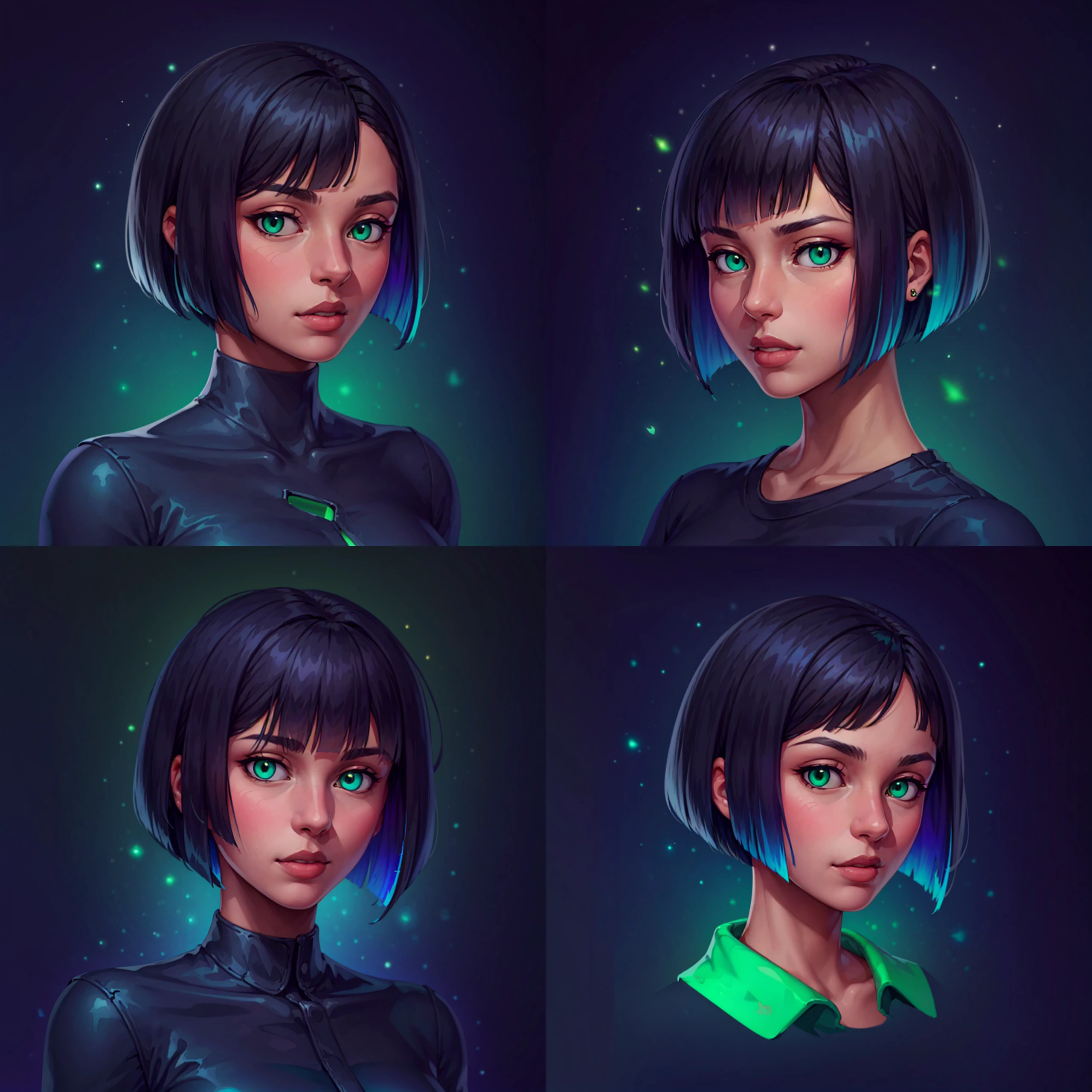 icon portrait of beautiful withc, black hair, bob cut, green eyes, cyan glow, dark background, gradient background <lora:sxz-icons-v5:0.8>