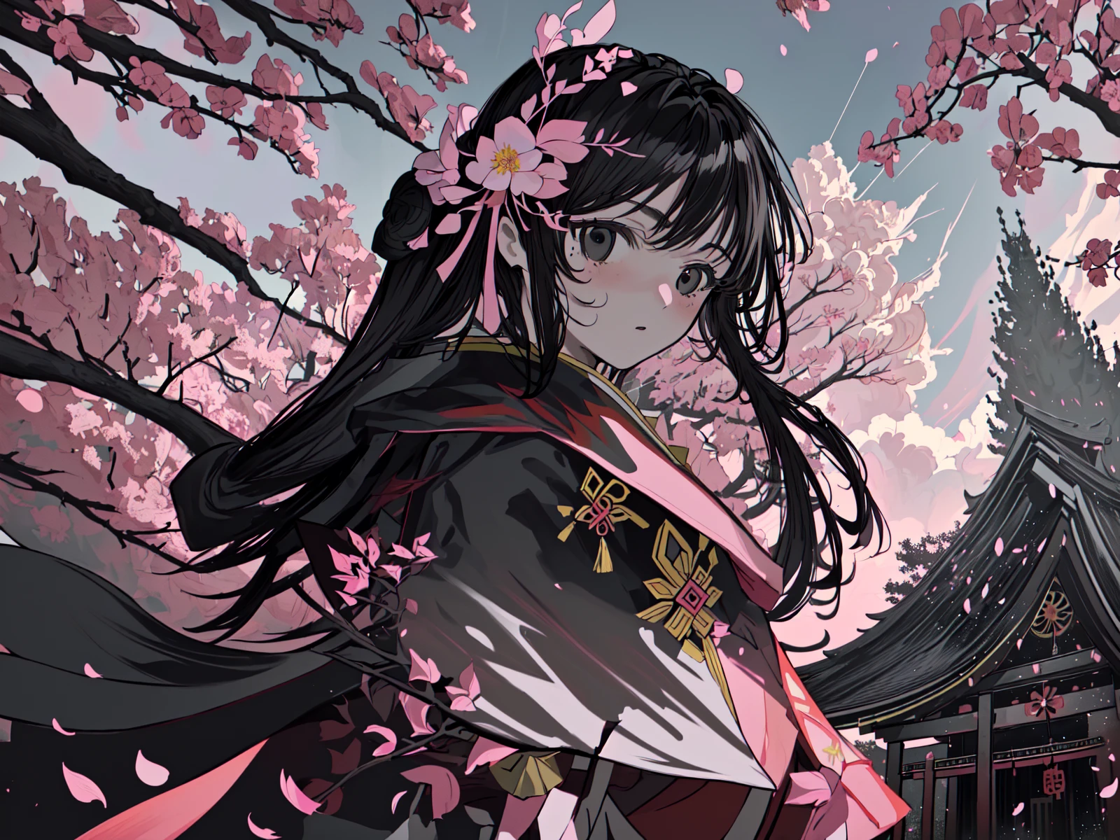 (best quality, masterpiece),(1girl, miko, coat, expression face, black eyes, looking at front ,black hair, walking, upper body), (night strray sky, huge old tree behind, falling glowing pink petals behind, shrine behind, mountain background, blowing wind, meteoric cloud)