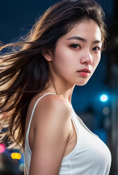 (16k, RAW photo, professional, best quality, masterpiece:1.2), (realistic,photorealistic:1.37), ultra-detailed, (portrait), (highest detailed skin:1.2), (highest detailed face:1.2), cinematic lighting, 1girl, Korean, (windy:1.2), standing in the dark alley, night time, neon silver light, look at the camera, white tank top, jacket