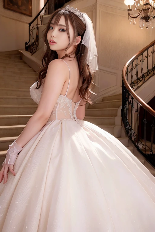 (photo realistic:1.55), <lora:jurita:1>, wedding princess dress, staircase, masterpiece, back view, best quality, detailed, blurry, depth_of_field, blurry_background, blurry_foreground, 1girl, gloves, white_gloves, motion_blur, photo_\(medium\), solo,  <lora:wedding_princess:0.3>