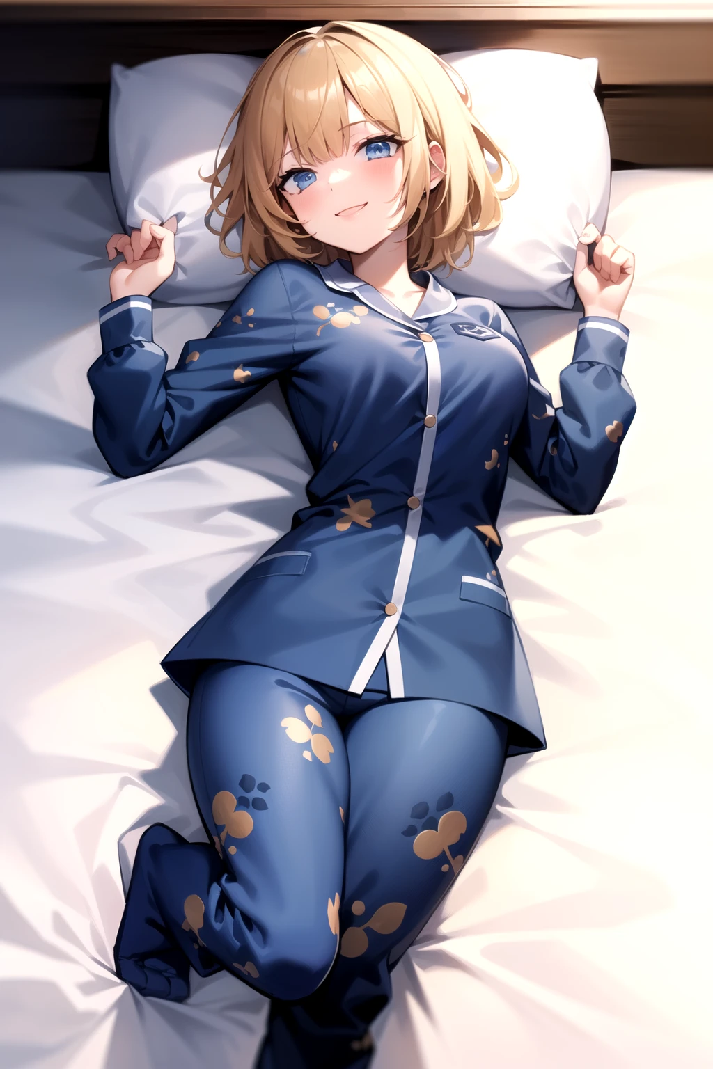 2d, masterpiece, best quality, anime, highly detailed, full body, 1girl, solo, amelia watson, from above, on back, on bed, blue pajamas, medium breasts, seductive smile, pillow <lora:ame-10:1>