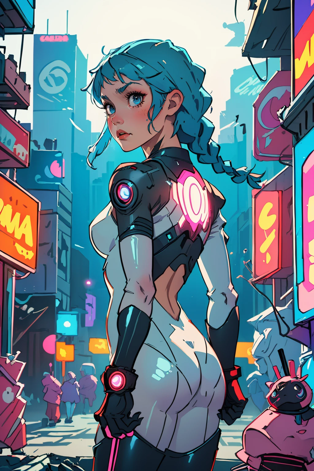 (best quality, masterpiece:1.3), 1girl, superhero, bodysuit, blue hair, long braid, ruined city, cyberpunk, neon, backlight