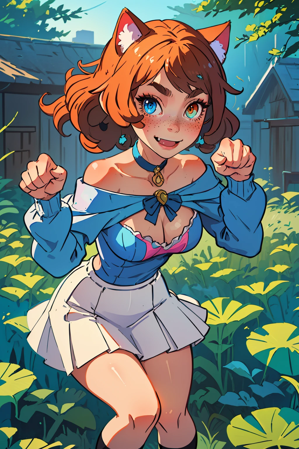 (best quality, masterpiece:1.3), 1girl, standing, upper body, cat ear, paw pose, curly hair, fang, off shoulder, heterochromia, smile, bent over, freckles, blush, skirt, large breasts, kneehighs, looking at viewer,