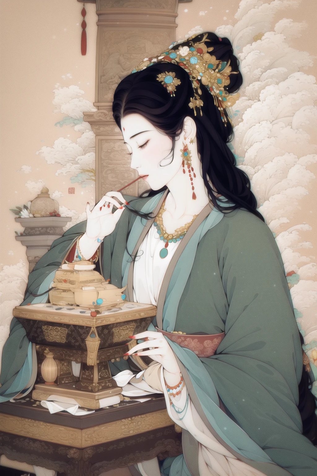 black_hair, 1girl, closed_eyes, long_hair, nail_polish, solo, jewelry,ancient art, chinese,