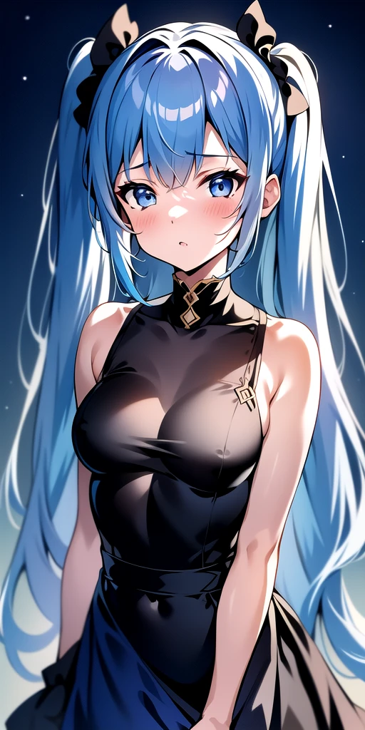 (portrait), masterpiece, 4k, high quality, highly detailed, detailed face, HDR, vivid colors, natural lighting, girl, 1girl, solo, (upper body only), medium breasts, (soft body), light-blue hair, long hair, twin tails, skirt, simple background, night, moon