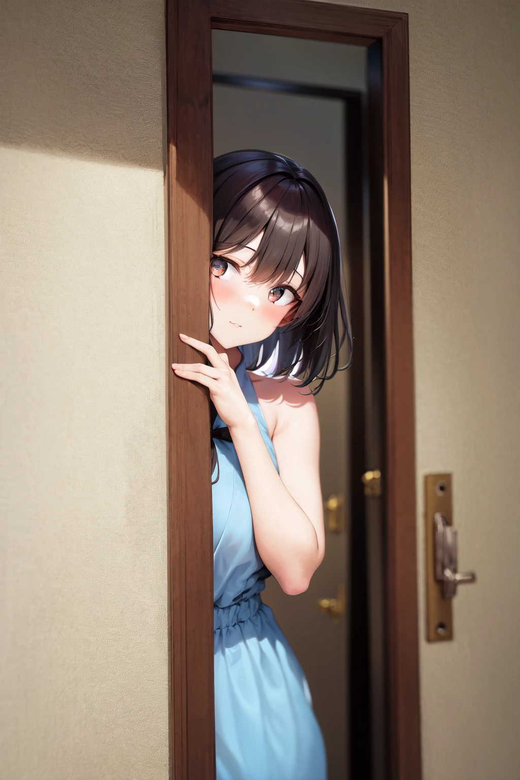 masterpiece, best quality, highres, 1girl, peeking out upper body <lora:peeking_out_upper_body_pruned:1> opening door