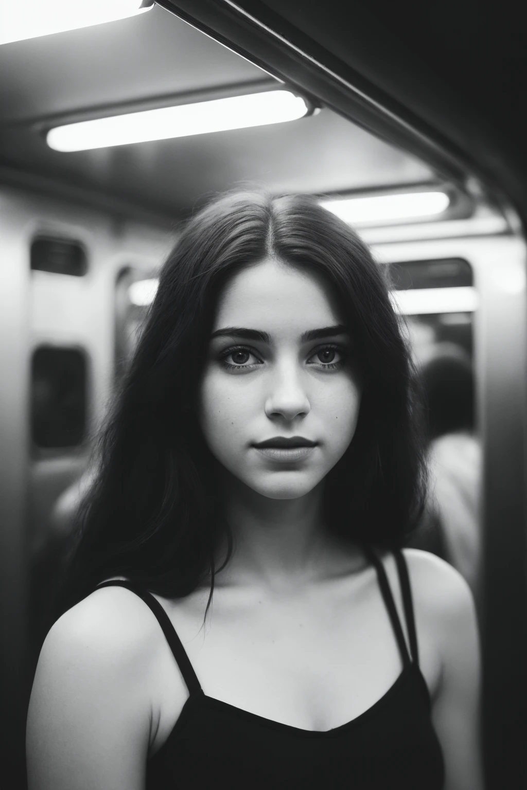 Best quality, masterpiece, ultra high res, (photorealistic:1.4), raw photo, ((monochrome)), ((grayscale)), black and white photography, street photography, trending on flickr, 1girl, offshoulder, in the dark, deep shadow, low key, cold light, deep contrast, bokeh, depth of field, (looking at viewer, softly smiling), a photo of a inside a subway car holding her cellphone, wall full of grafittis, Drew Tucker, award-winning photograph, a black and white photo, neoism, background crowds, people in backgrounds, ((upper body)), ((straight photo)),