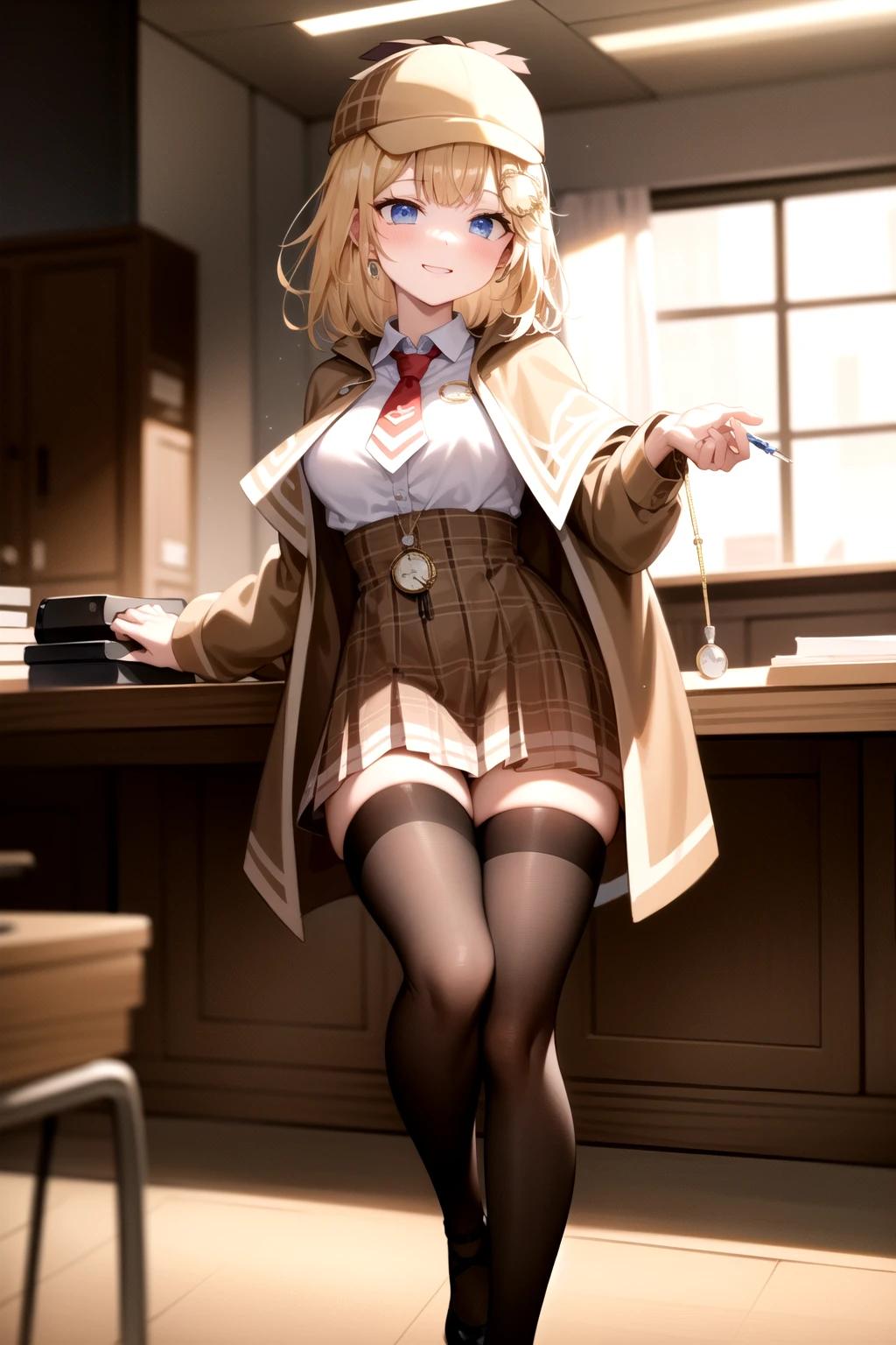 2d, masterpiece, best quality, anime, highly detailed face, highly detailed background, full body, 1girl, solo, amelia_detective, collared shirt, red necktie, plaid skirt, thighhighs, brown capelet, pocket watch, syringe, monocle hair ornament, deerstalker BREAK office, desk, leaning on table, from below, mature female, medium breasts, medium hair, seductive smile <lora:ame-10:1>