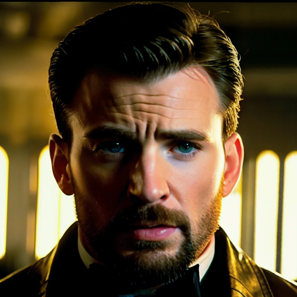 RAW face closeup portrait of chrisevans person wearing a tuxedo, professional photography, in blade runner, high resolution, 4k, 50mm, vaporwave, photo by Brooke Shaden, close portrait <lora:chrisevans_6150:1>