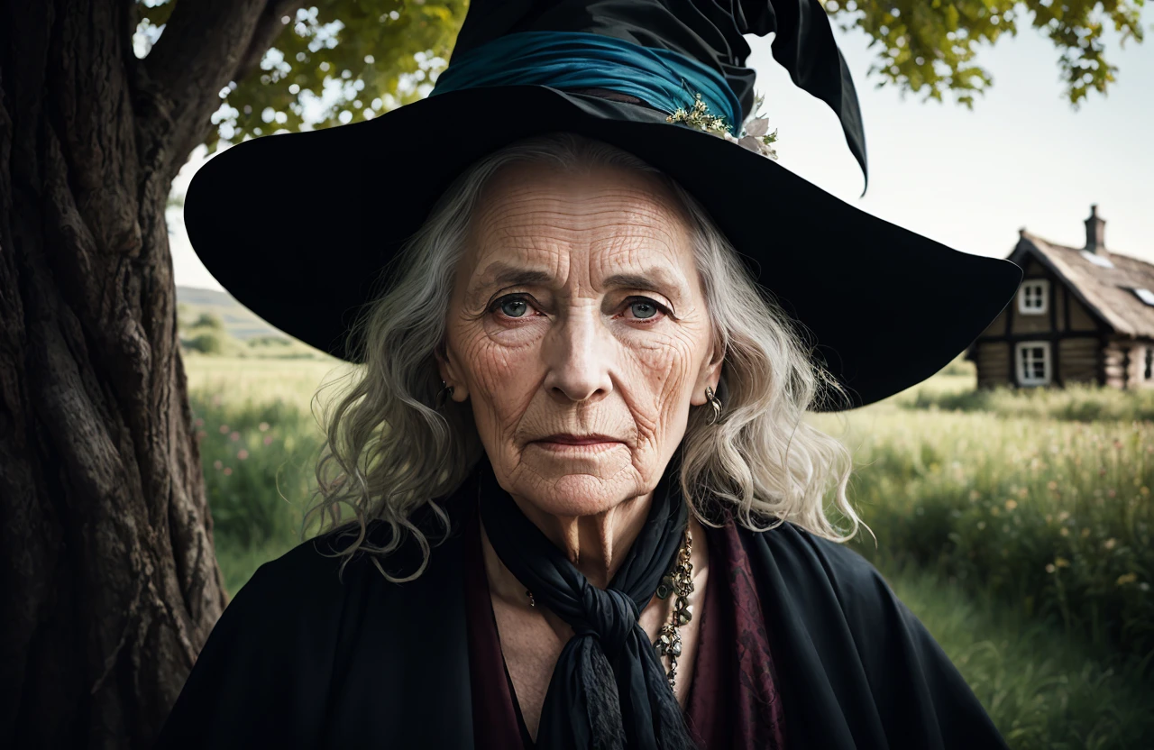 an old (witch:1.3) crone, wrinkled face, hair blowing in wind, (face focus:1.2), outside her (witch cottage:1.4) under trees, looking at viewer, realistic, masterpiece, highest quality, backlighting, (lens flare:1.1), (bloom:1.1), (chromatic aberration:1.1), by Jeremy Lipking, by Antonio J. Manzanedo