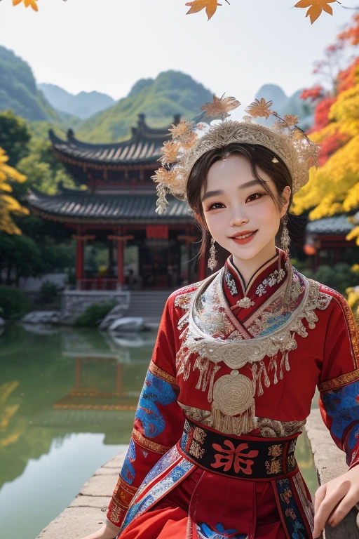 (karst topography),Taoist temple,(blurry foreground:1.5),(1 girl:2,),looking at viewer, light smile,day,((maple leaves)),Taoist temple,river valley,
hdr, photorealism, masterpiece quality, best quality, pureerosface_v1, ulzzang-6500-v1.1  <lora:miaoHong:0.6>
