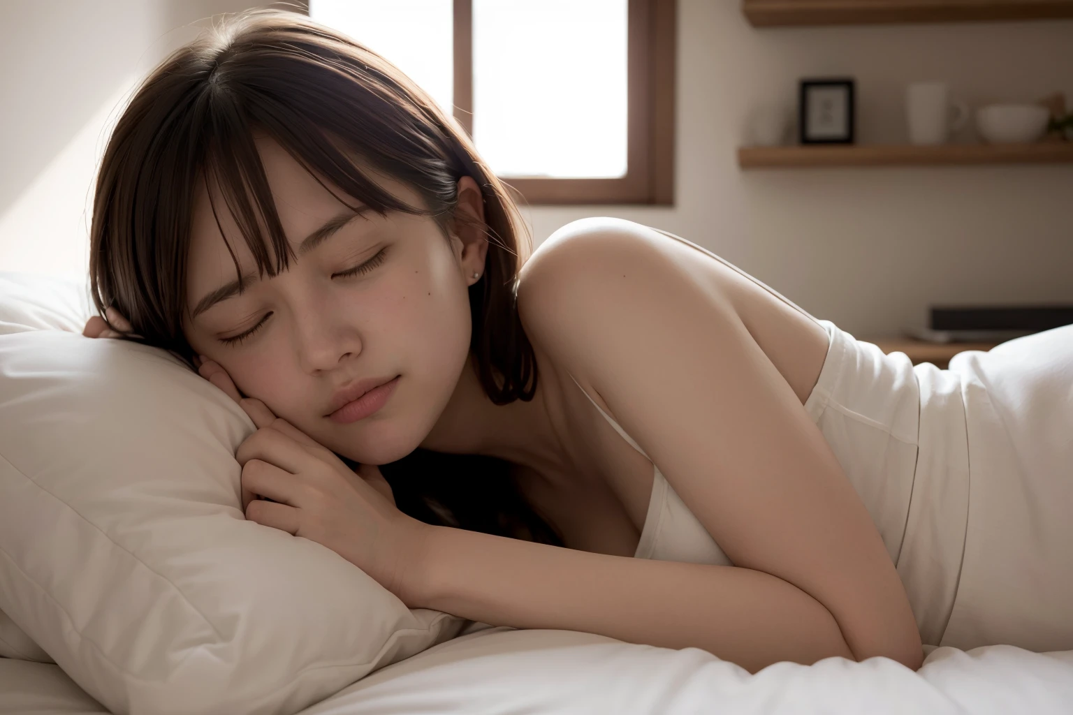 1girl, cute,  sleeping, eyes closed,  (freckles:0.2), lying on bed, head on pillow, bedroom, detailed background, indoor, hires, (photorealistic:1.4),  (in the dark, deep shadow,low key:1.1), diffused natural skin glow,  diffused dark light, wide shot