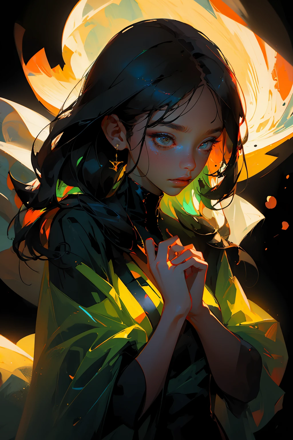 (best quality, masterpiece:1.3), 1girl, looking down, wind, particle, simple background, dark mood, upper body,