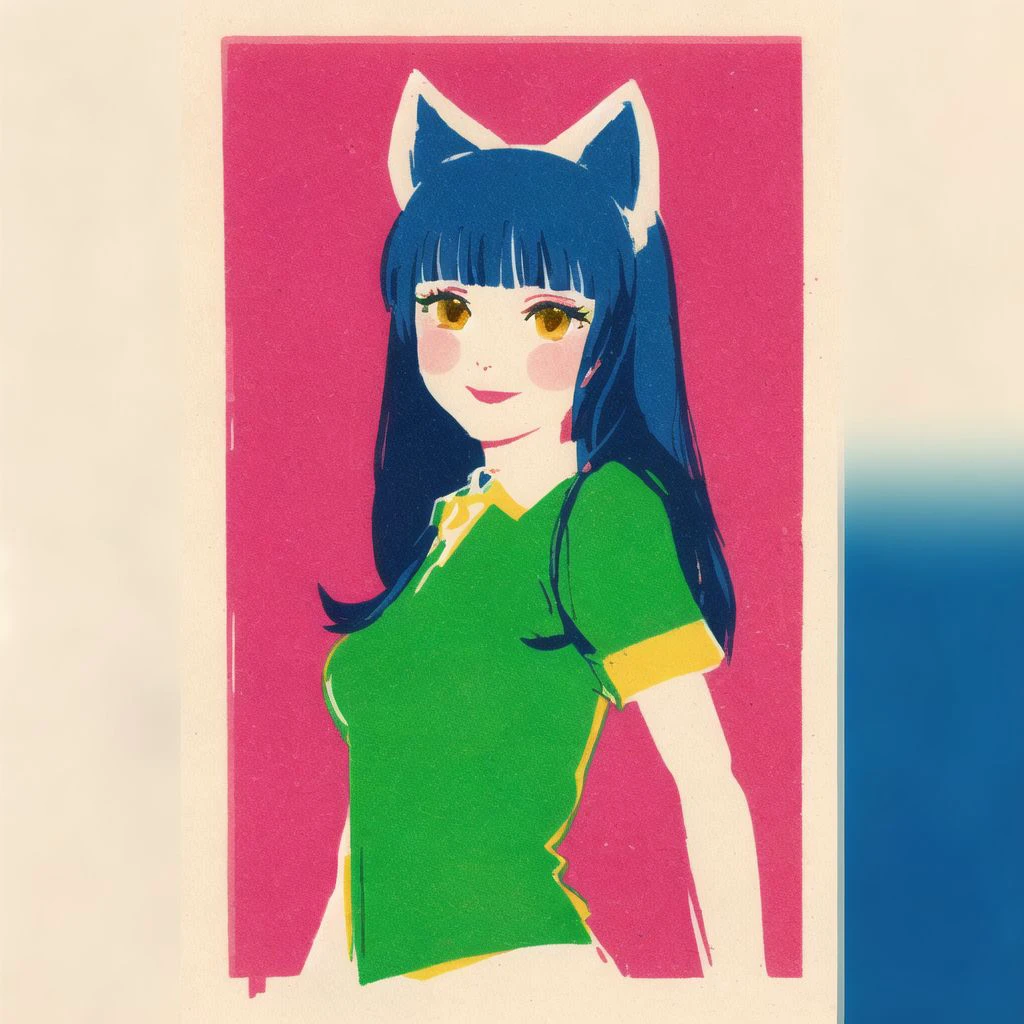 <lora:soviet_matchbox_art_b-db:1>, soviet_matchbox_art, stamp, russian text, halftone, 1girl, animal ears, arm up, ascot, bangs, blue hair, blush, cat ears, collared shirt, eyebrows visible through hair, flying sweatdrops, green shirt, hand up, highres, light smile, long hair, looking at viewer, parted lips, shirt, sidelocks, simple background, smile, solo, uniform, white background, yellow eyes