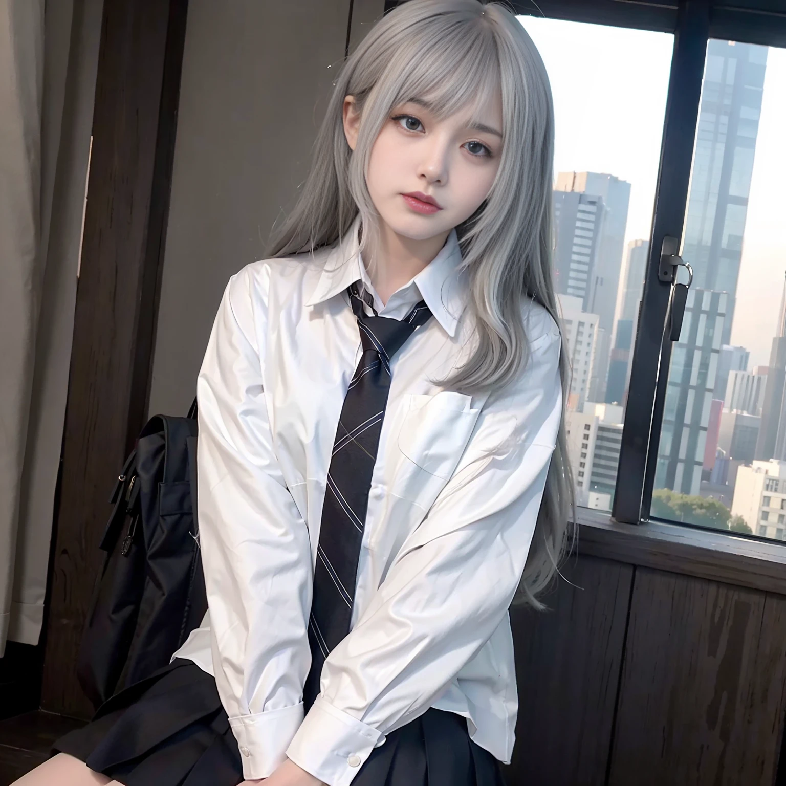 (8k, RAW photo, best quality, masterpiece:1.3),(realistic,photo-realistic:1.37),(night),(looking at viewer:1.331),(white hair),posing,Tokyo street,nightcityscape, <lora:asianGirlsFace_dreamyFace:0.5>, cyberpunk city,soft light,1girl,extremely beautiful face,bust,put down hands,Random hairstyle,Random expression,big eyes, ,lower abdomen,<lora:jk uniform:0.6>(JK long-sleeved shirt),JK style,(JK skirt) ,(JK long tie),(JK suit),<lora:cuteGirlMix4_v10 (1):0.4>,mix4