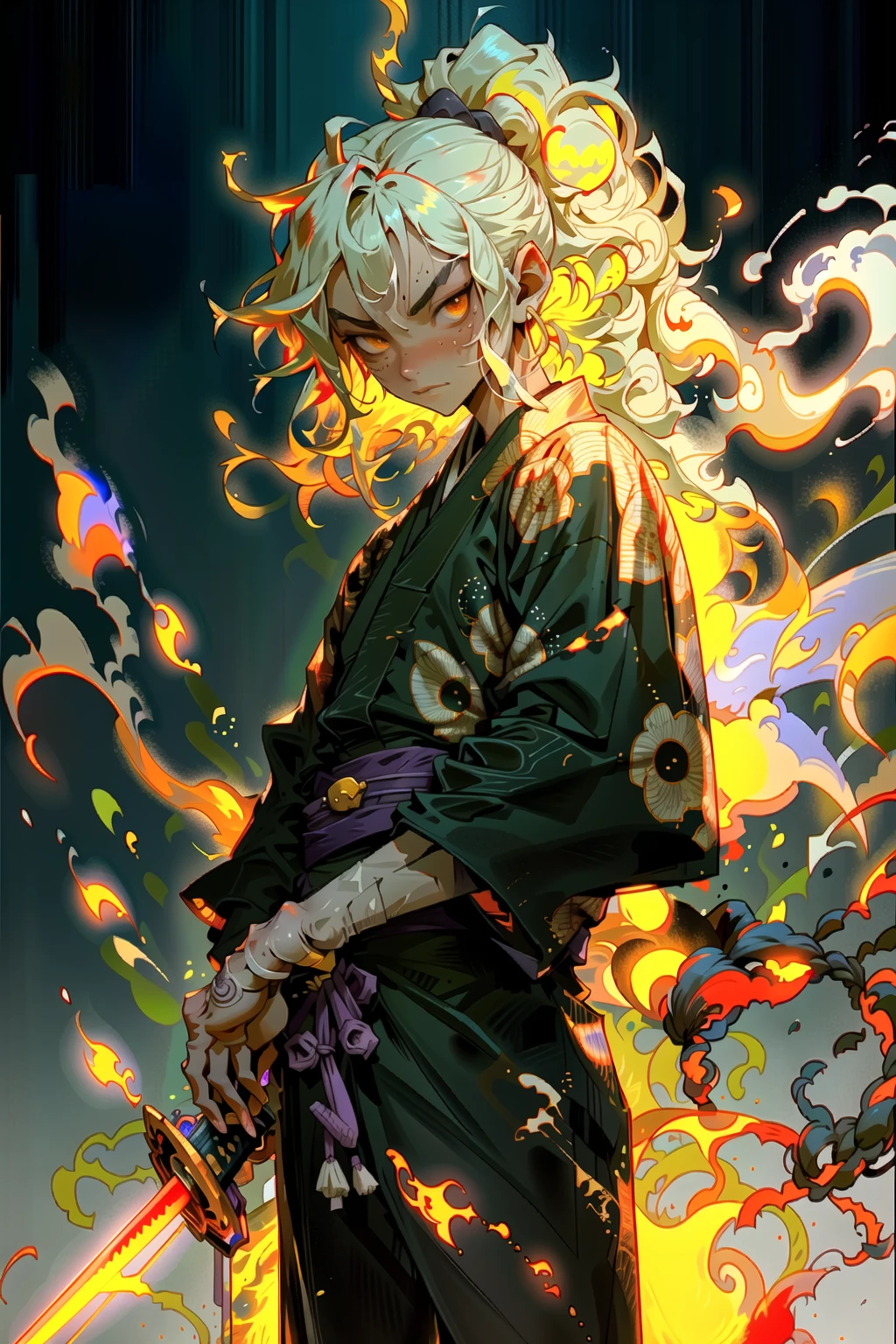 breathing_fire, burning, explosion, fiery_hair, fire, flame, flaming_sword, flaming_weapon, pyrokinesis, campfire, candle, smoke, torch, blue_fire, embers, 1boy, magic, molten_rock, tail-tip_fire, fiery_wings, hitodama, male_focus, japanese_clothes, katana, sword, smoking, long_hair, electricity, solo, sparks, weapon, cigarette, kimono, volcano, candlelight, purple_fire, black_kimono, fireplace, firing, lightning, sheathed, spirit, muzzle_flash <lora:OC illustration:1>