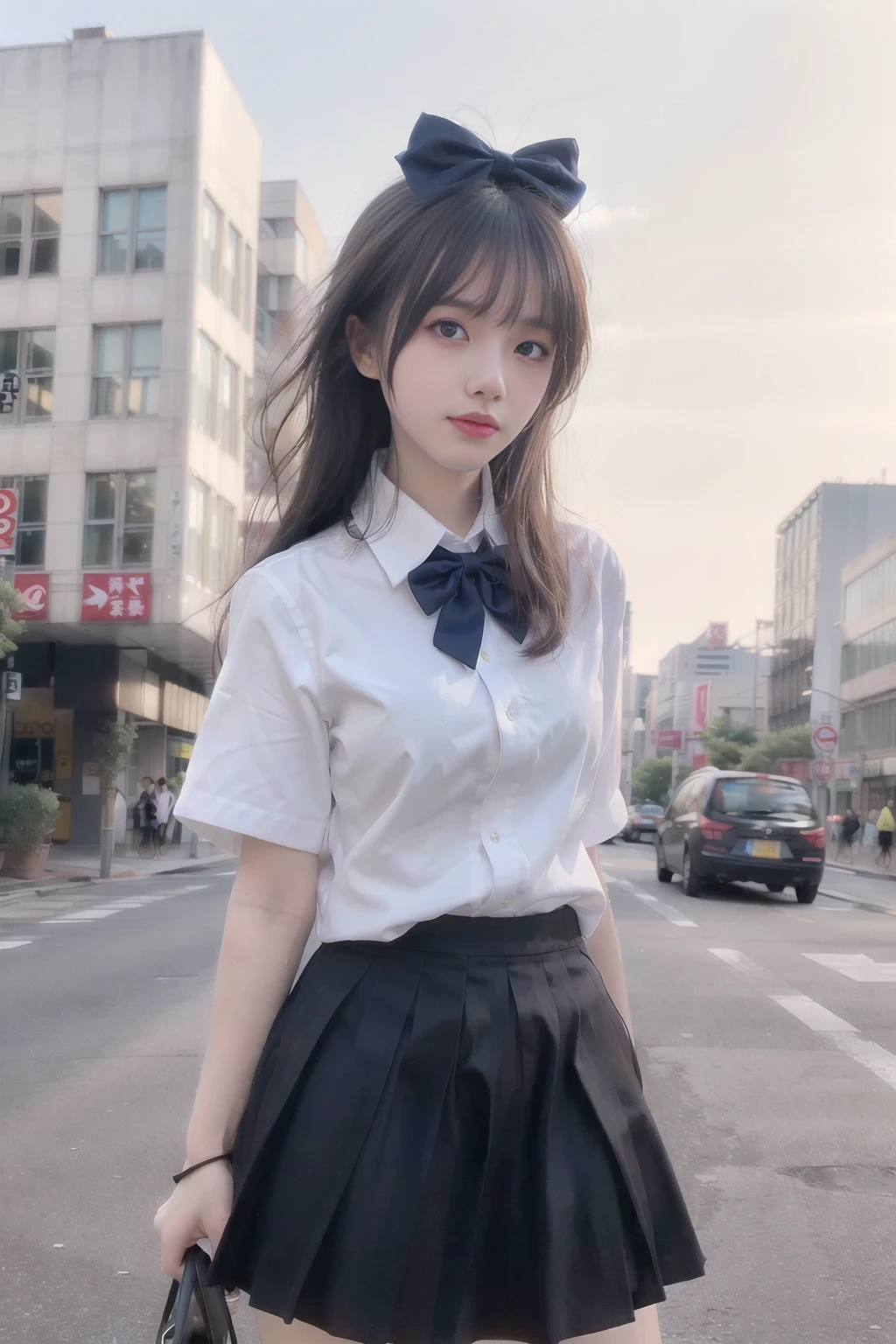(8k, RAW photo, best quality, masterpiece:1.3),(realistic,photo-realistic:1.37),(night),(looking at viewer:1.331),(white hair),posing,Tokyo street,nightcityscape, <lora:asianGirlsFace_dreamyFace:0.5>, cyberpunk city,soft light,1girl,extremely beautiful face,bust,put down hands,Random hairstyle,Random expression,big eyes, ,lower abdomen,<lora:jk uniform:0.5>(short-sleeved
JK_shirt),JK_style,(dark blue JK_skirt) ,(bow JK_tie),<lora:cuteGirlMix4_v10:0.4>,mix4