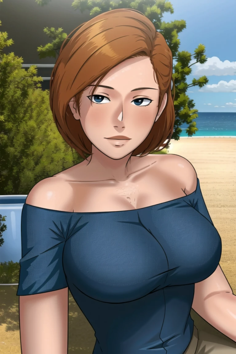 <lora:NTRman:.8>, NTRman, masterpiece, best quality, 1girl, solo, mature female, toned, portrait, outdoors, <lora:ann_possible:.6>, ann possible, orange hair,