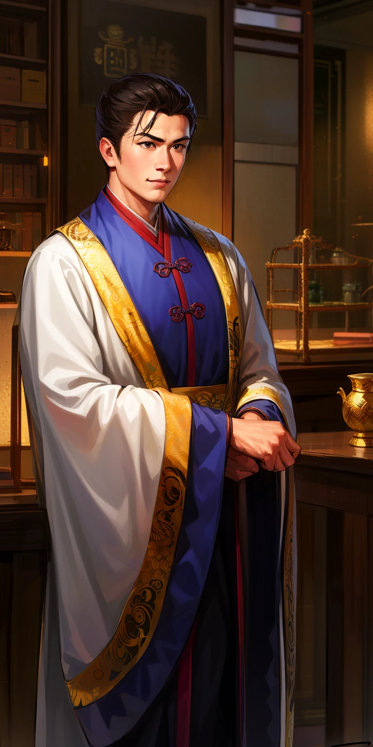 (4k, best quality, highres:1.1), (masterpiece:1.1), 1boy, solo, Chinese male, Chinese,
brown_eyes, long_sleeves, male_focus, chinese_clothes,
