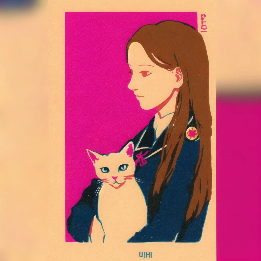 <lora:soviet_matchbox_art_b-db:1>, soviet_matchbox_art, stamp, russian text, halftone, 1girl, animal, brown hair, cat, cyocomi3, female, flat color, long hair, looking to the side, pink background, school uniform, simple background, solo, uniform, upper body